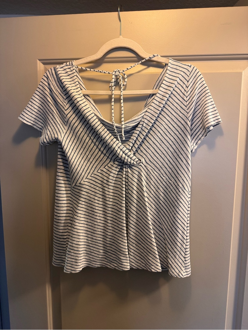 Anthropologie Cream and Black Striped V-Neck Tie-Back Short Sleeve Top